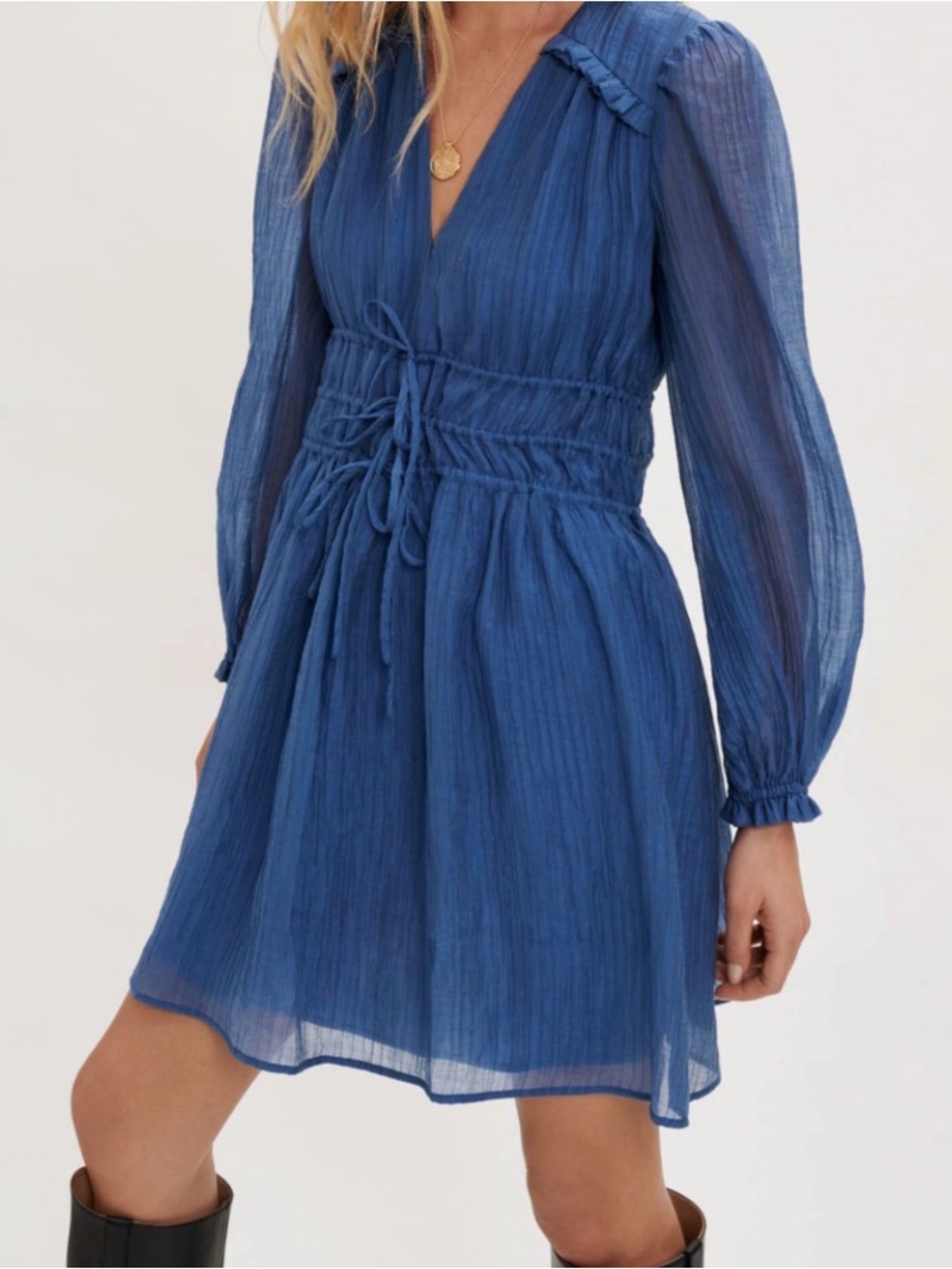 Maje Voile Long-Sleeve V-Neck Smocked Waist Dress